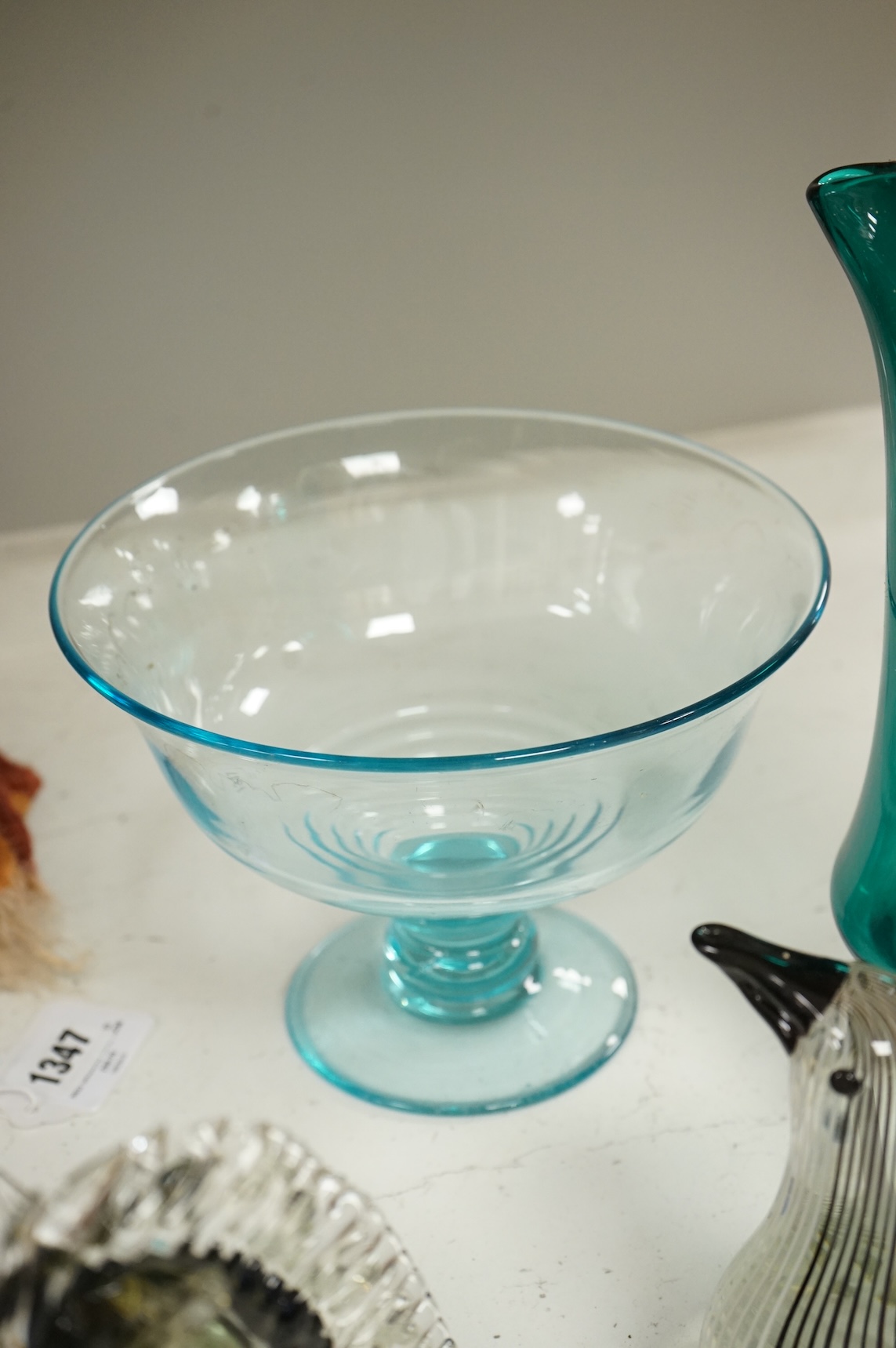 A collection of mid century and later art glass vases and ornaments, largest 39cm high